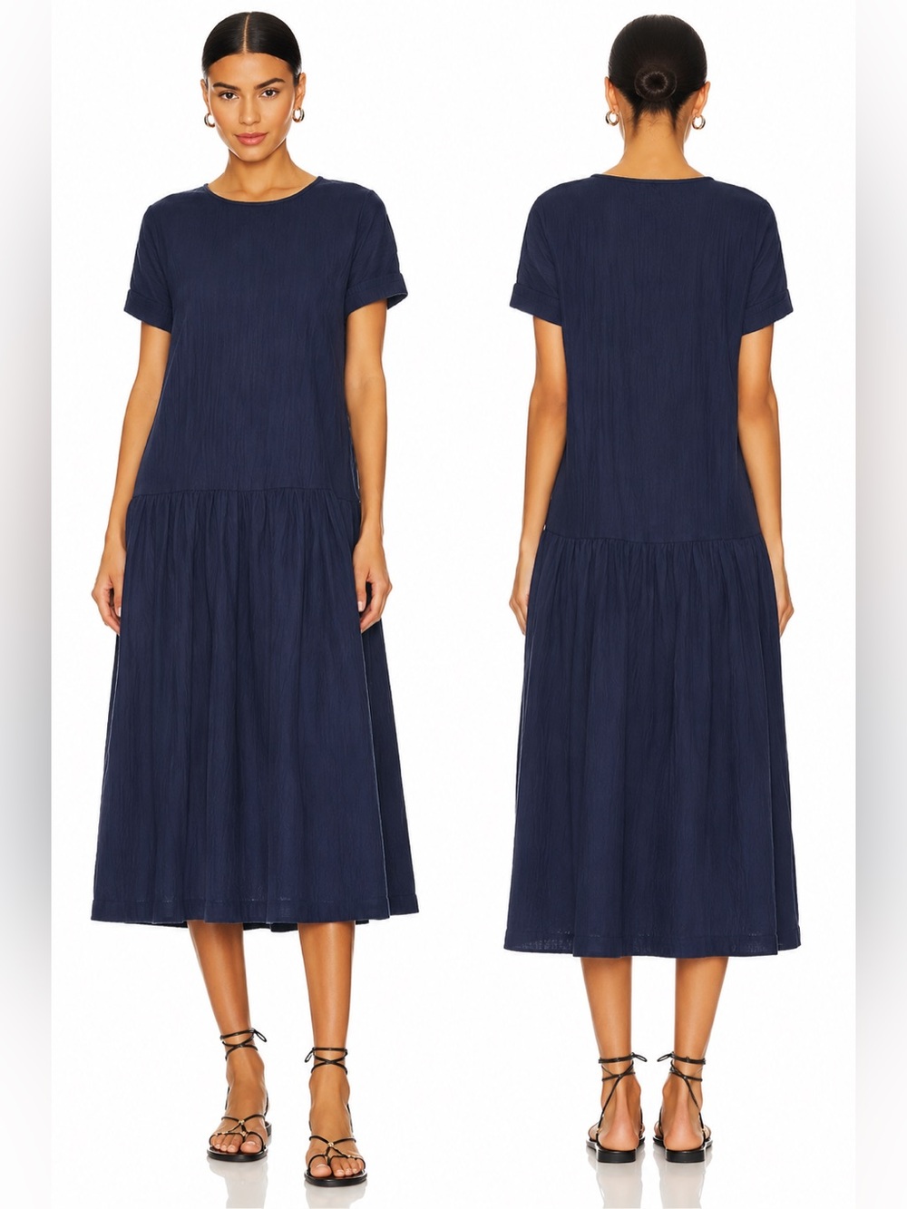 Roots Organic Cotton Gauze Midi Dress Navy Blue Relaxed Boho Minimalist